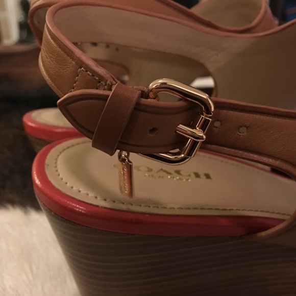 SOLD!! COACH Tan & Coral wedge with buckle close - Picture 6 of 7
